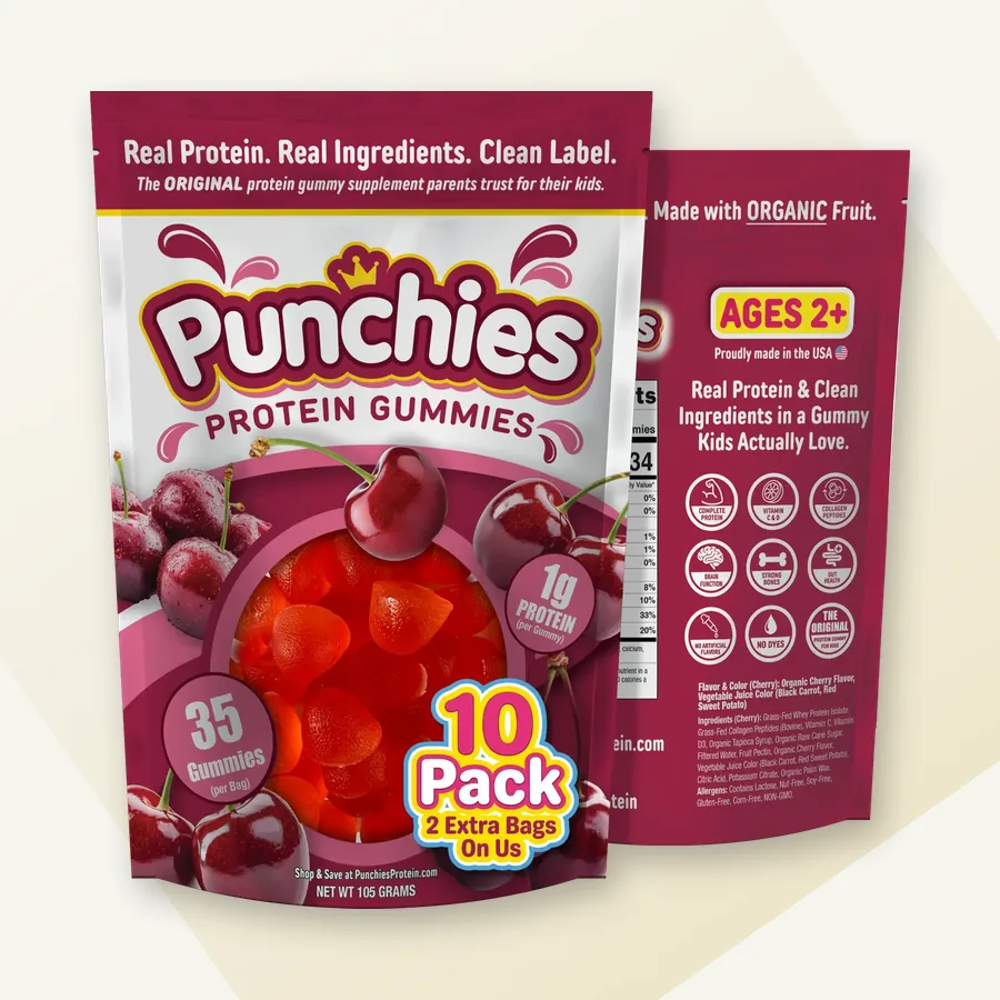 Premium protein gummies: Punchies cherry protein gummies, 10-bag pack