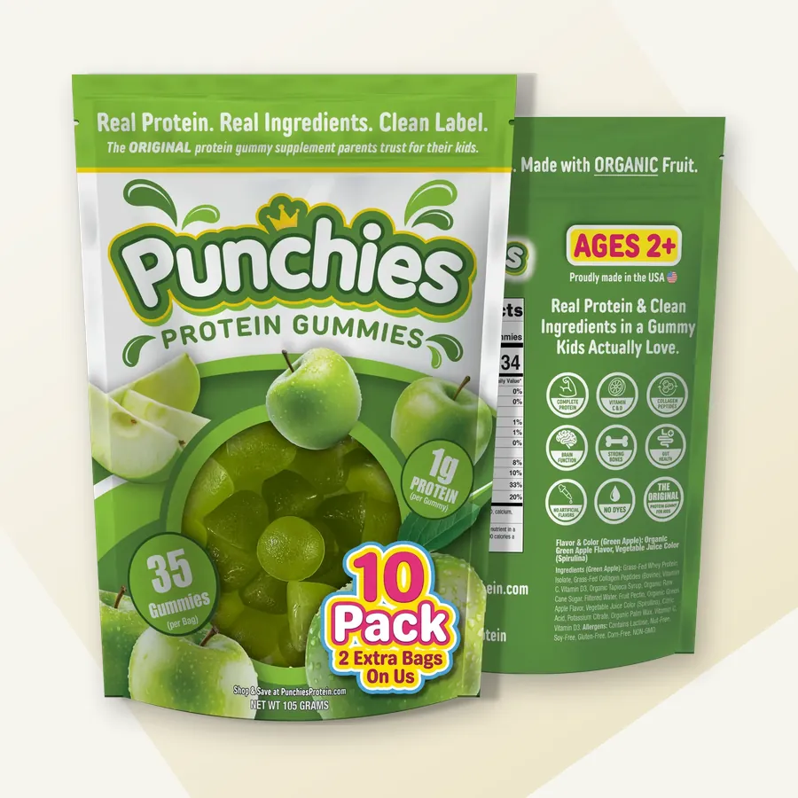 Premium protein gummies: Punchies green apple protein gummies, 10-bag pack