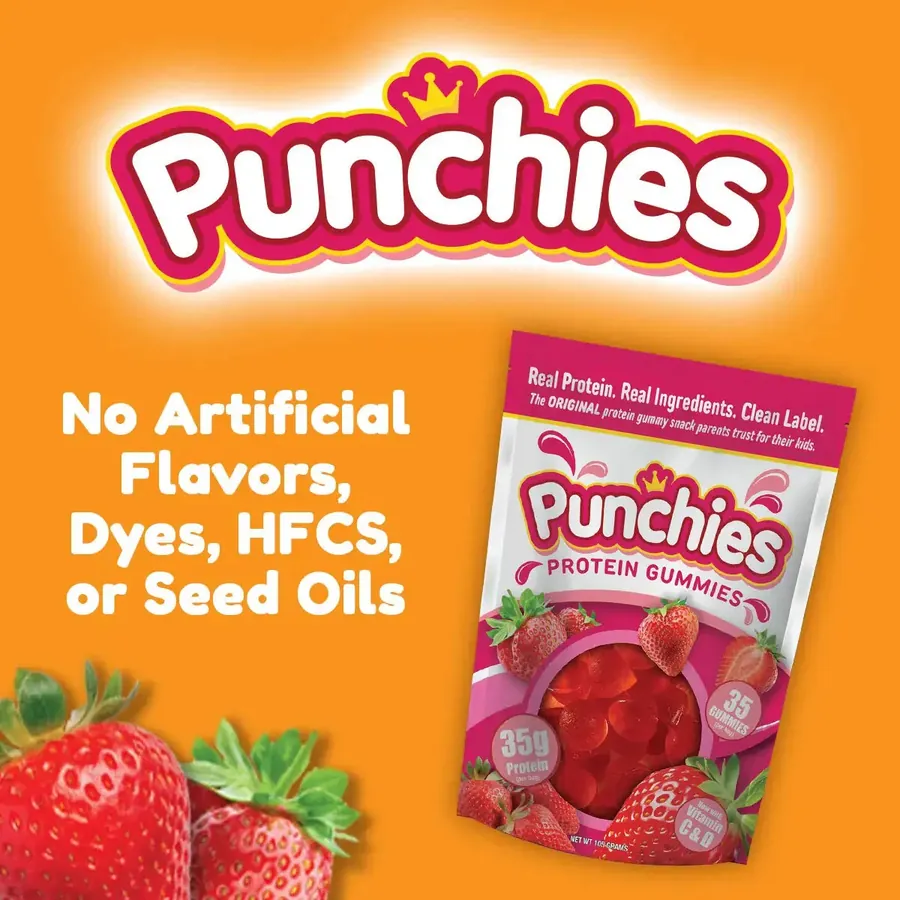 Premium protein gummies: Punchies protein gummies with no artificial flavors, dyes, HFCS or seed oils