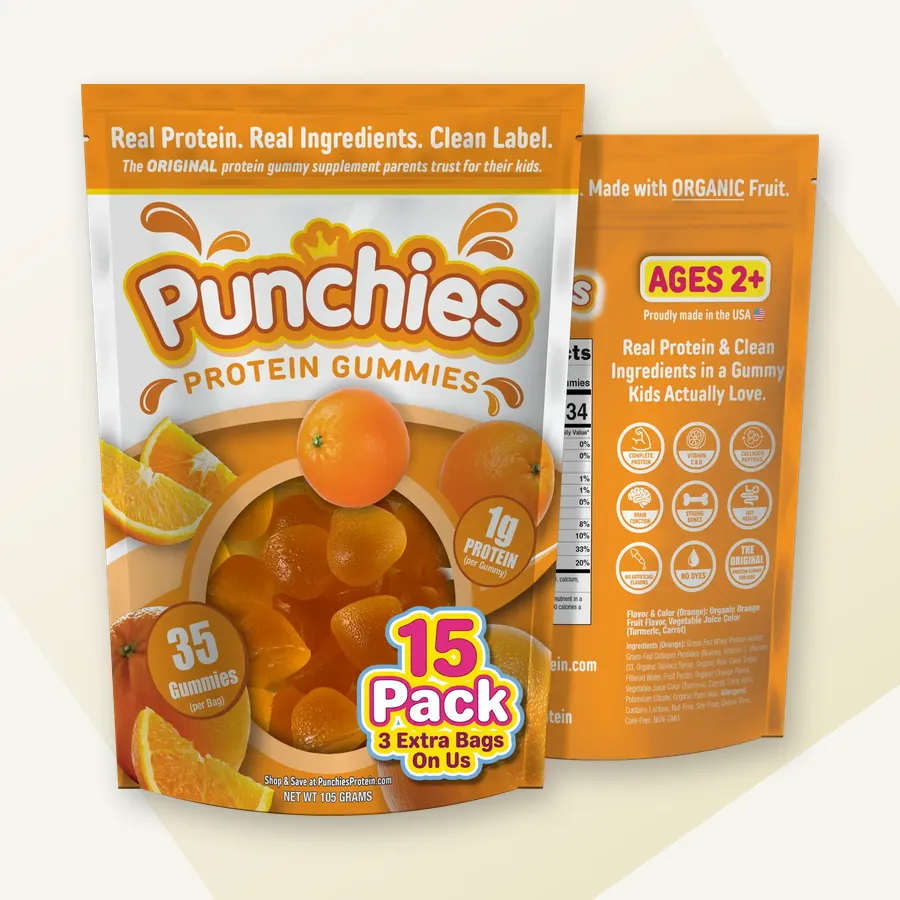 Premium protein gummies: Punchies orange protein gummies, 15-bag pack
