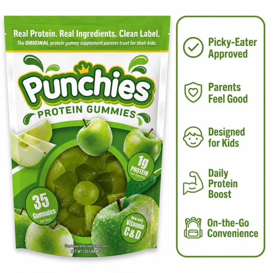 Premium protein gummies: Punchies green apple protein gummies bag with label callouts